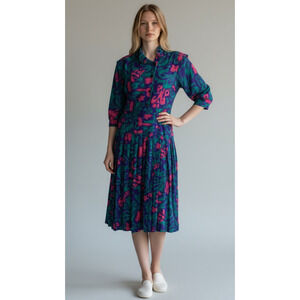Vintage Moonglow Purple‎ Rayon Pink Blue Floral Midi Dress Size 4 XS/S